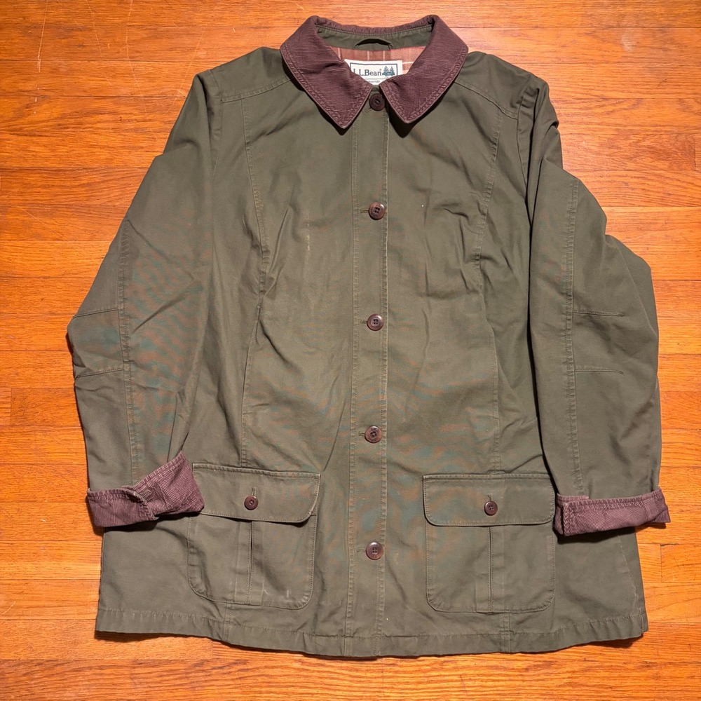 LL Bean Green Canvas Barn Field Jacket Corduroy Collar Plaid Lined 2X